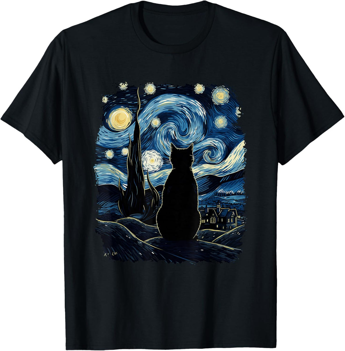 Starry Night Inspired Cat Gifts Funny Cat T-Shirt - Black