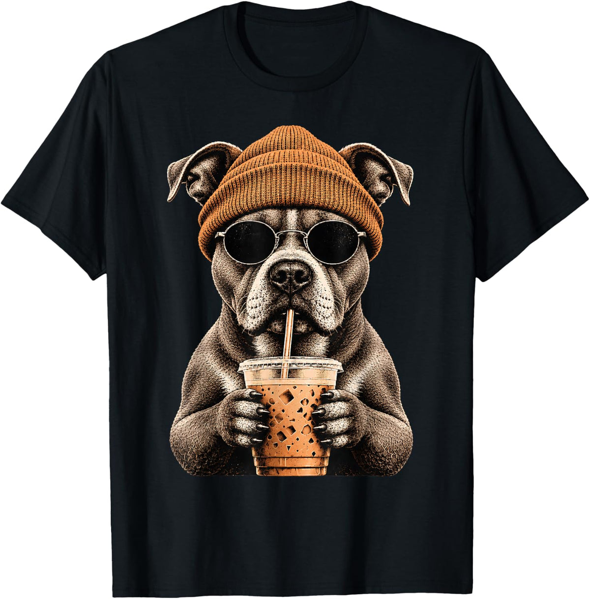 Funny Meme Pitbull Hipster Drinking Iced Coffee Sunglasses T-Shirt - Black