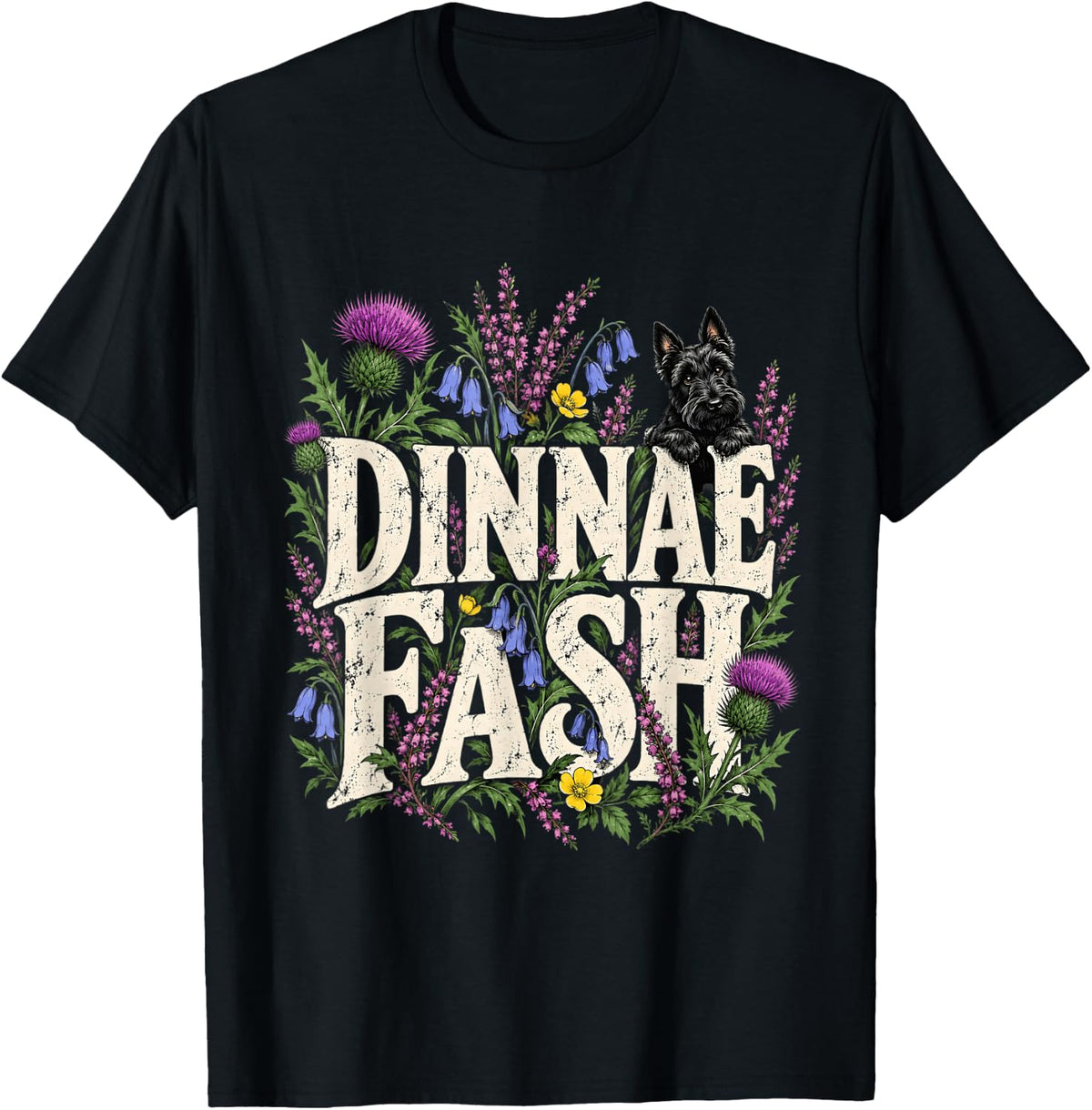 Dinnage Easel Scottish Terrier Floral T-Shirt - Black