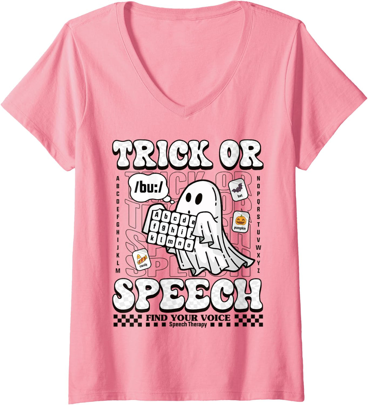 Womens Halloween Speech Therapy Trick or Speech Retro SLP Ghost Boo V-Neck T-Shirt - Pink