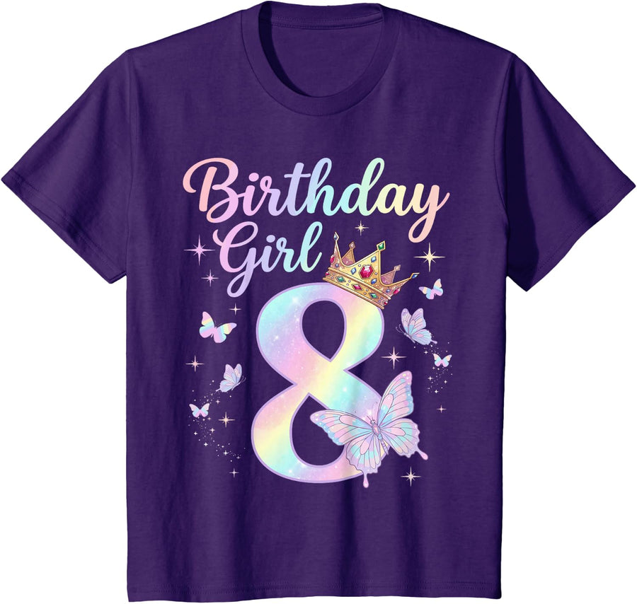 8th Birthday Shirt for Girls Eight 8 Year Old Butterfly T-Shirt - Purple