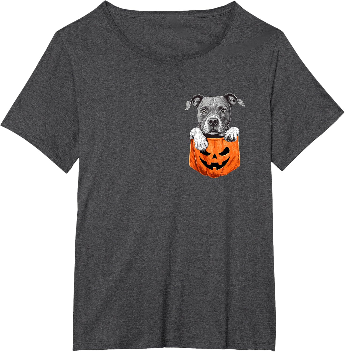 Cute Pitbull Dog Pocket Halloween Pumpkin T-Shirt - Dark Heather Grey