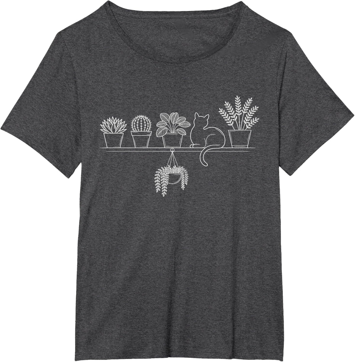 Minimalist Cat and Plant Shelf Line Art Aesthetic T-Shirt - Dark Heather Grey