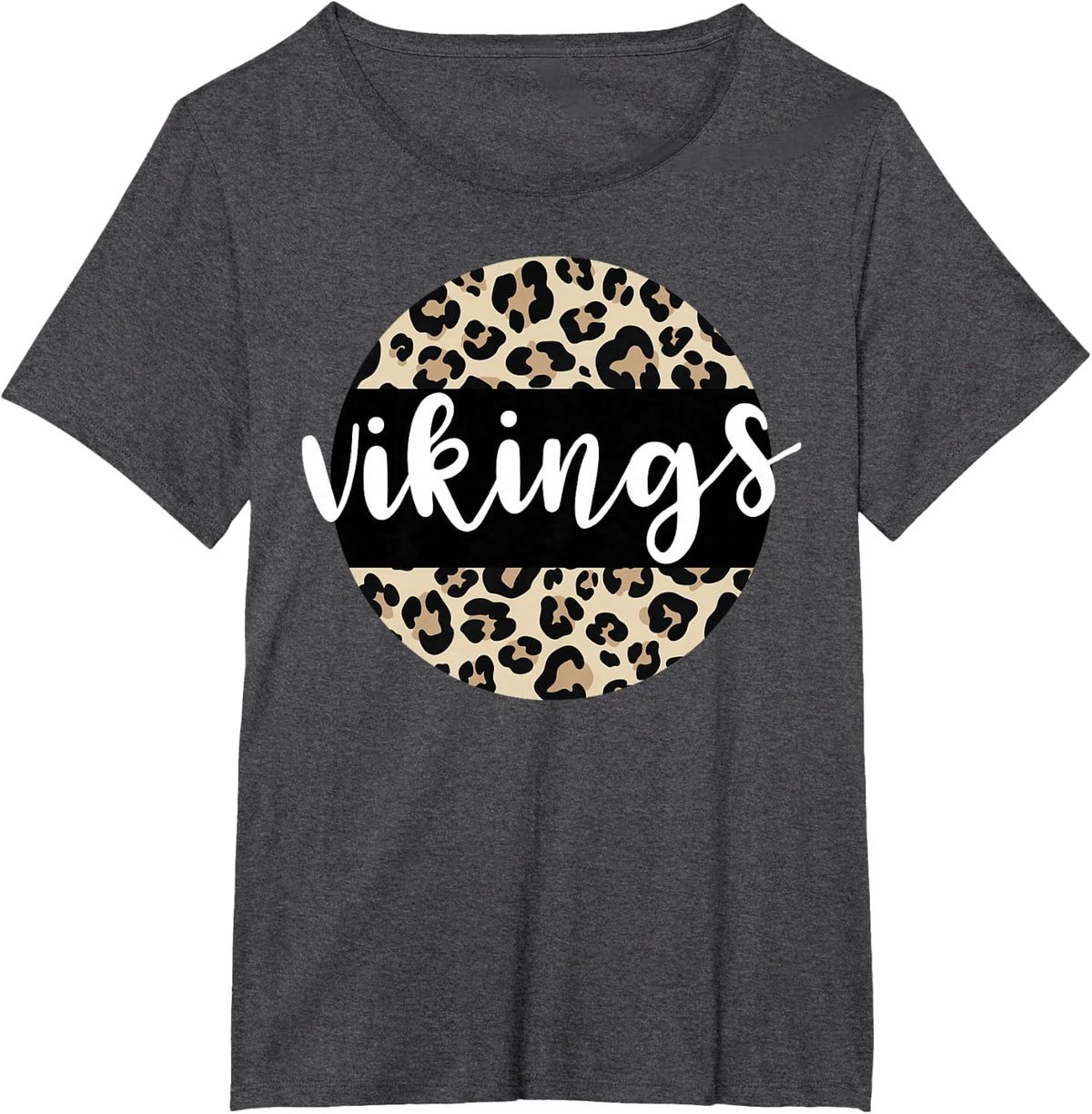 Leopard Print Vikings Team Mascot School Spirit Game Night T-Shirt - Dark Heather Grey