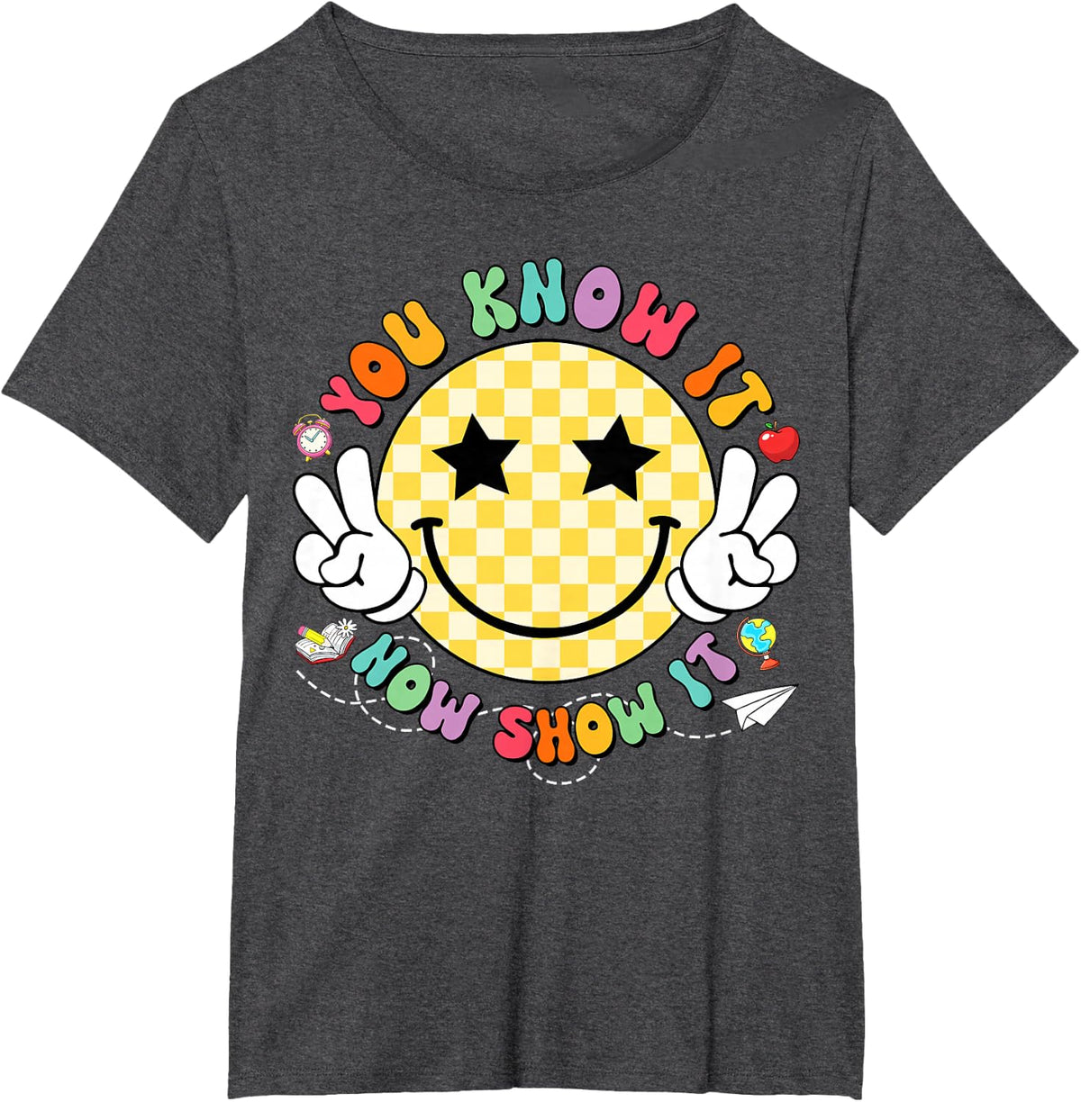 You Know It Now Show It Test Day Retro Checkered Happy Face Tee T-Shirt - Dark Heather Grey