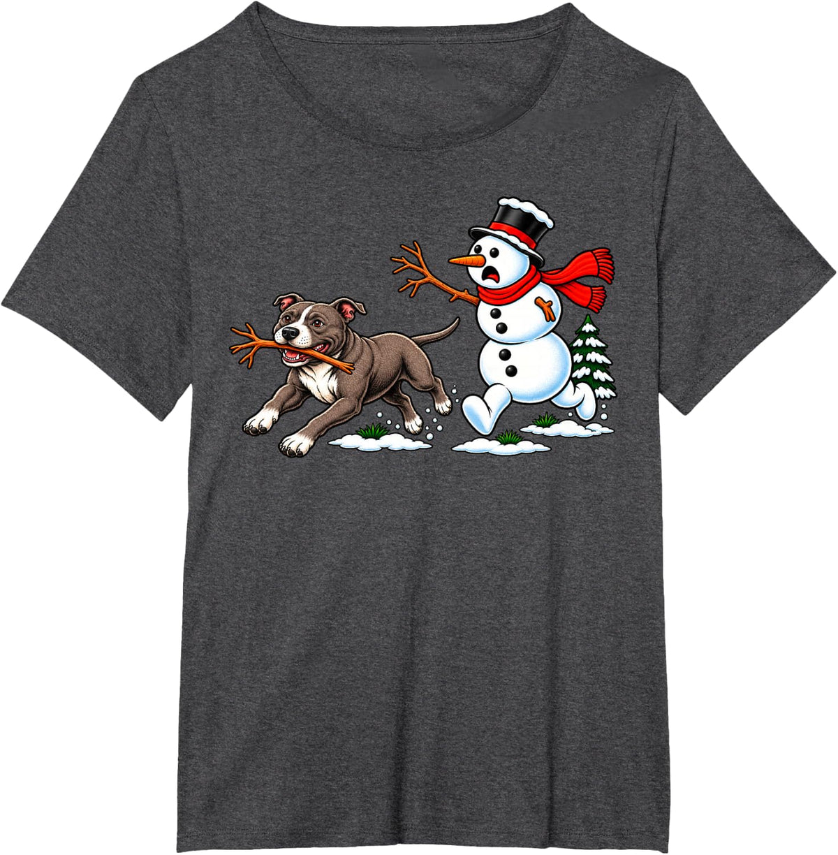 Christmas Dog Meme Funny Pitbull and Snowman Pitbull Lover T-Shirt - Dark Heather Grey
