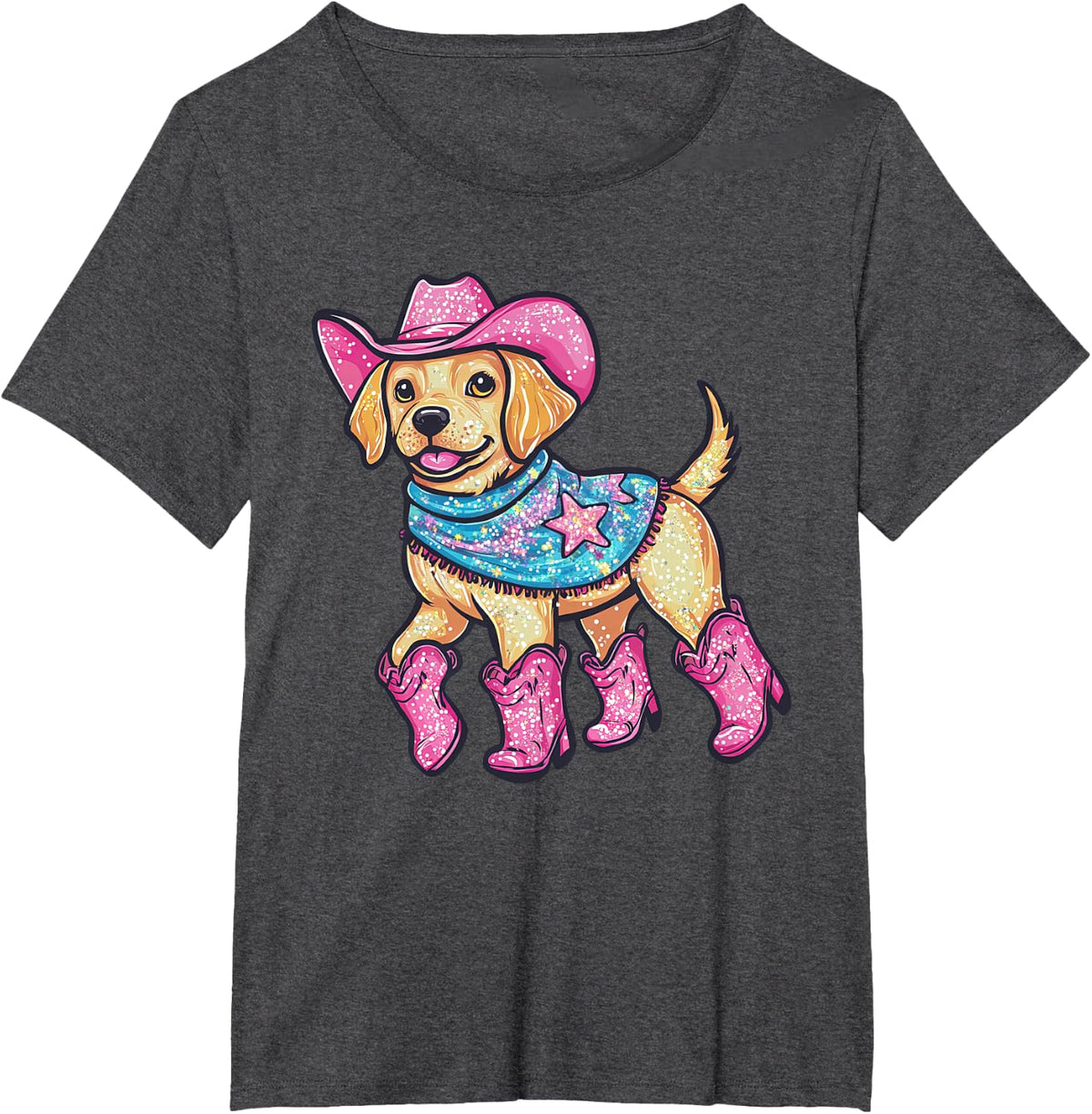 Cute Dog In Pink Cowboy Hat Boots Western Cowgirl Dog Lover T-Shirt Tee For Women - Dark Heather Grey