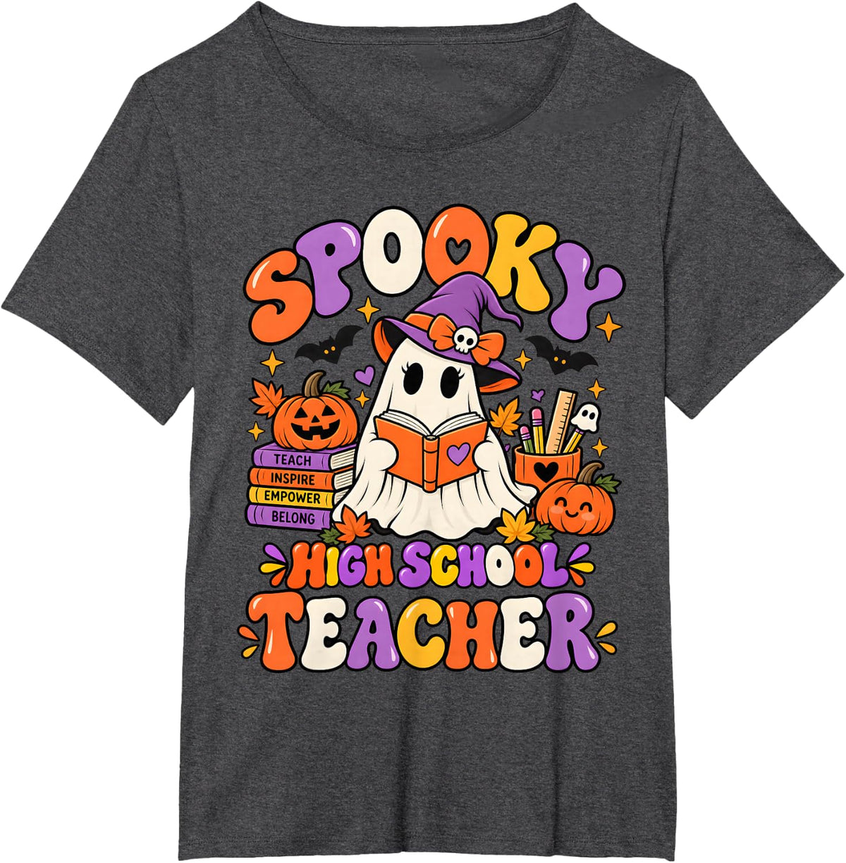Groovy Spooky High School Teacher Ghost Floral Halloween T-Shirt - Dark Heather Grey