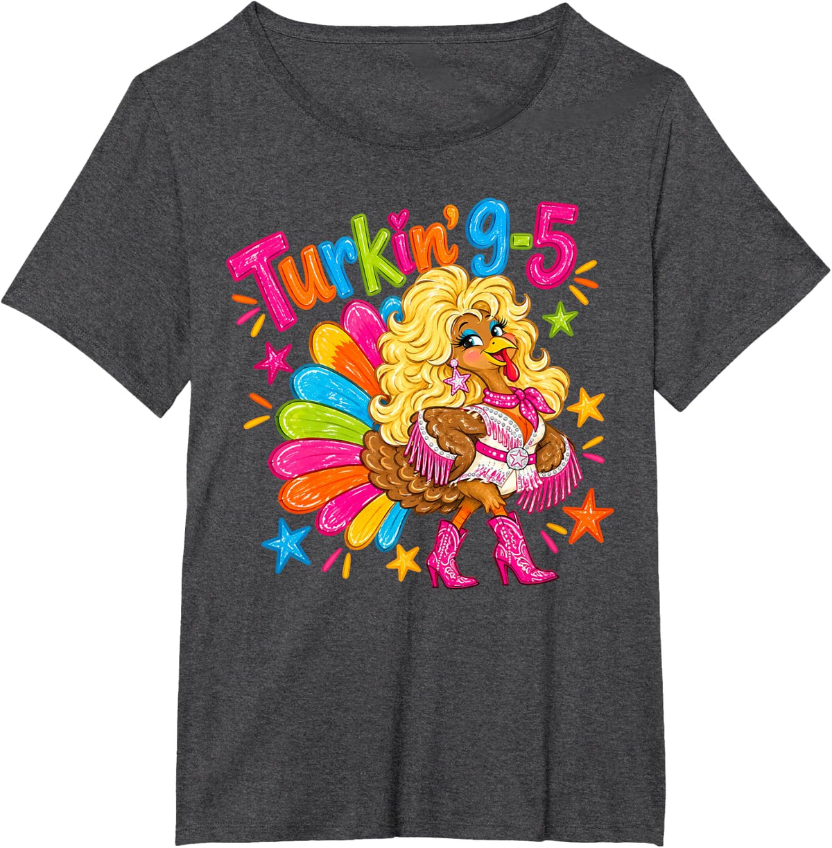 Cowgirl Turkey Thanksgiving Pink Western Country Women Girls T-Shirt - Dark Heather Grey