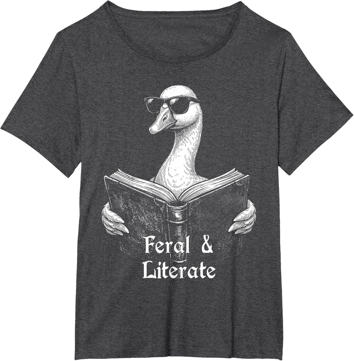 Feral and Literate Funny Goose Reading Book Nerd Graphic T-Shirt - Dark Heather Grey