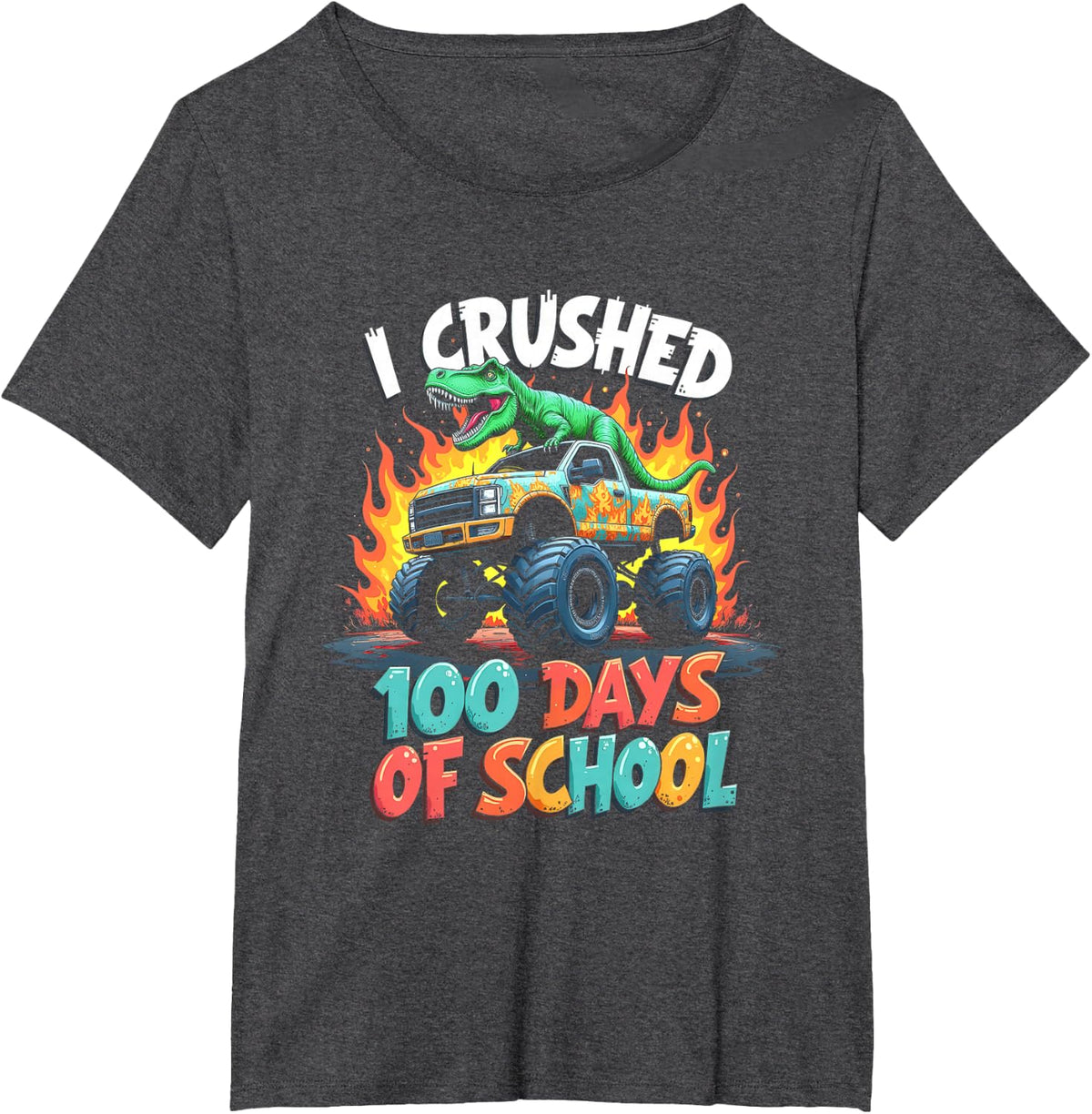 I Crushed 100 Days Of School Kids Boys Trex Monster Truck T-Shirt - Dark Heather Grey