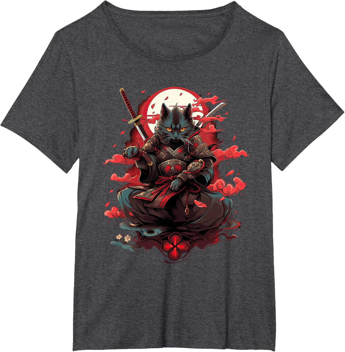 Retro Japanese Cat Samurai tattoo graphic Ninja Kawaii T-Shirt - Dark Heather Grey