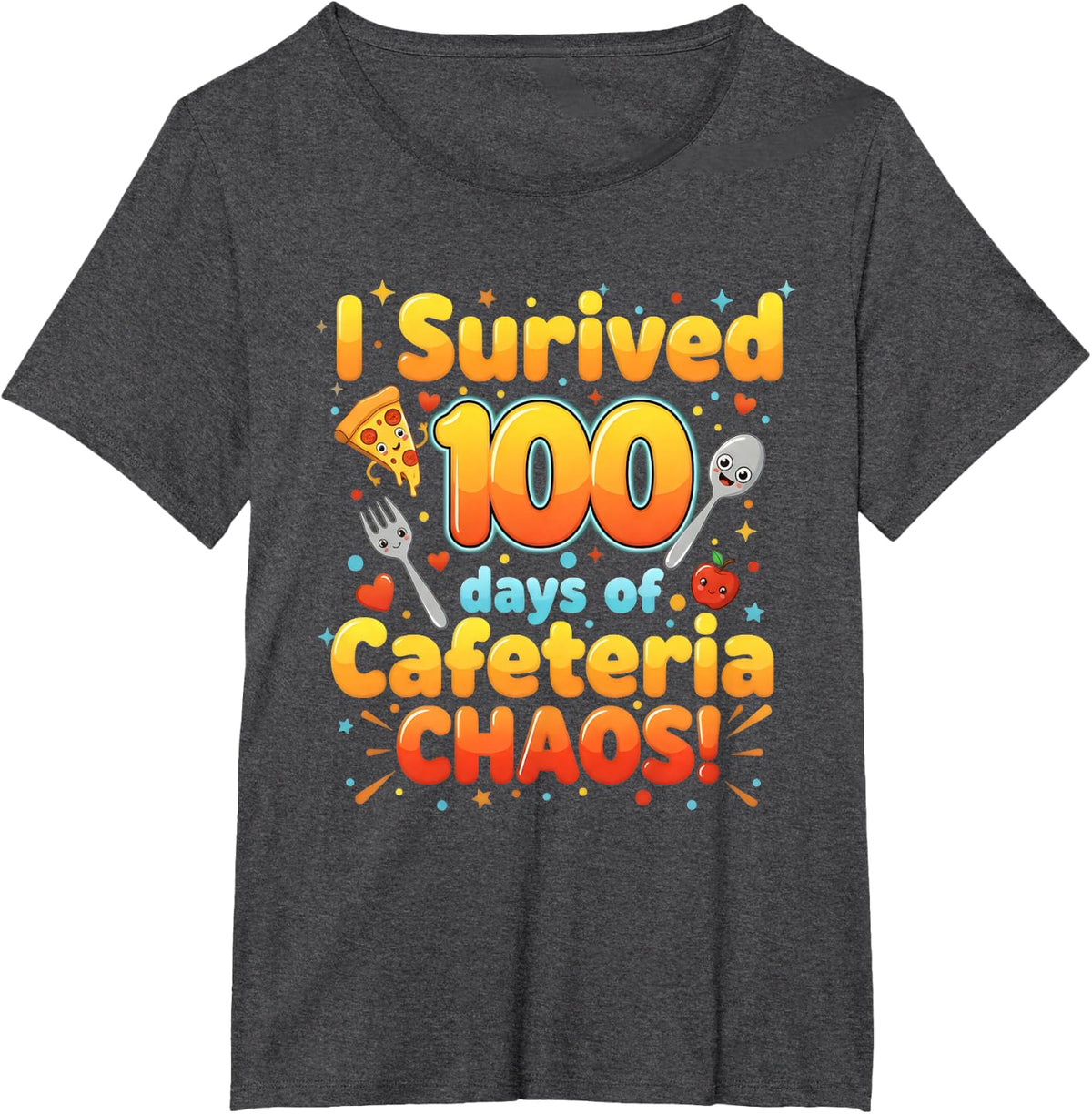 I Survived 100 Days of Cafeteria Chaos Funny Lunch Lady Tees T-Shirt for Teachers and Students - Dark Heather Grey