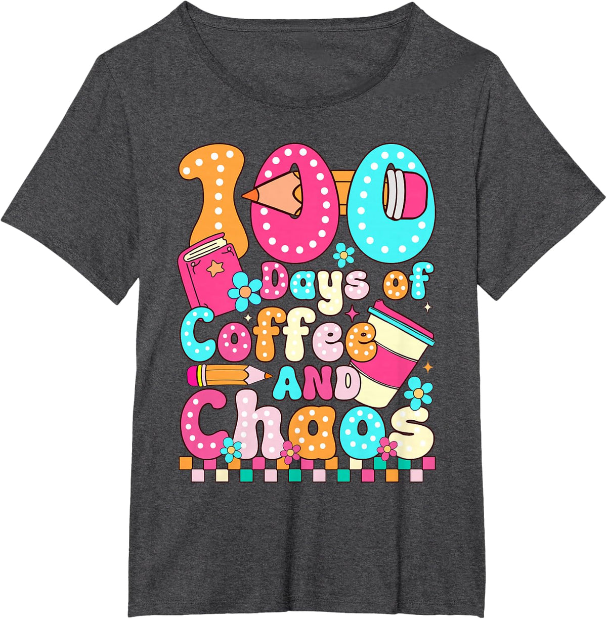100 Days of Coffee & Chaos Teacher Shirt Retro 100th Day of School Tee T-Shirt - Dark Heather Grey