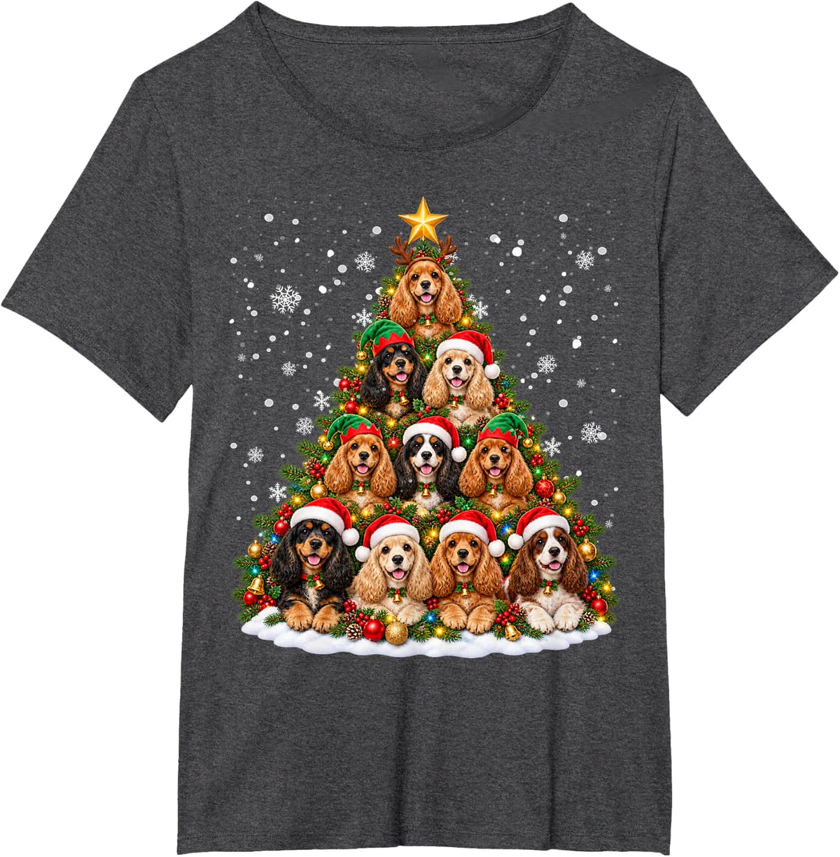 Funny Christmas Tree Cocker Spaniel Family Xmas Pajamas T-Shirt - Dark Heather Grey
