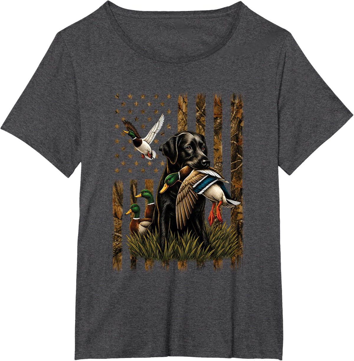 USA Flag Waterfowl Hunting Camouflage T-Shirt - Dark Heather Grey