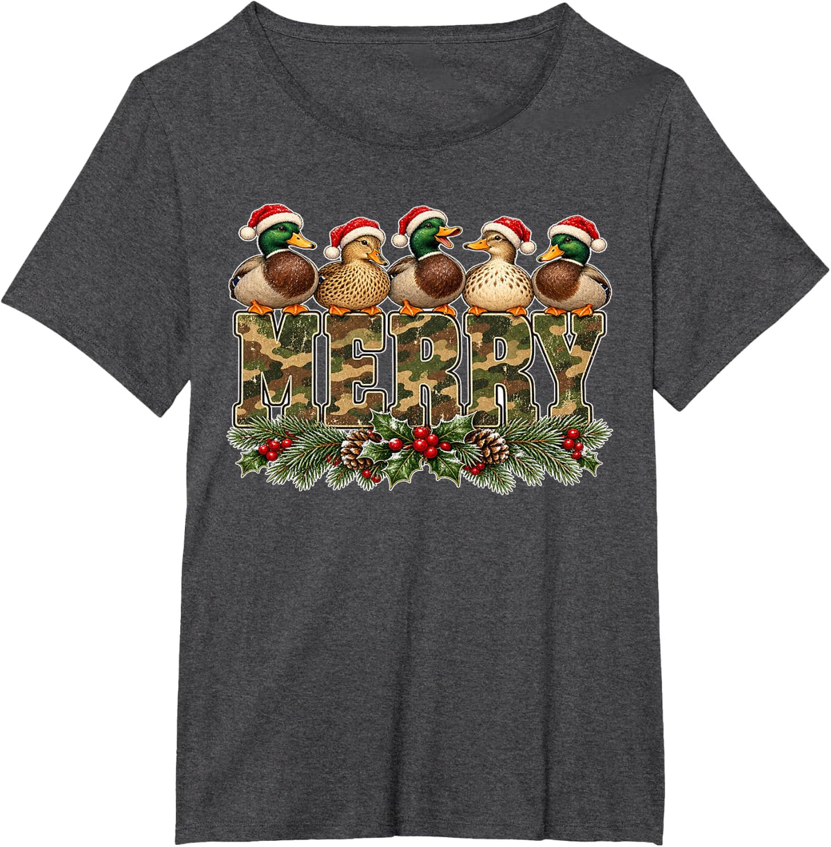 Merry Camo Letters Mallard Ducks Toppers Hunting Christmas T-Shirt - Dark Heather Grey
