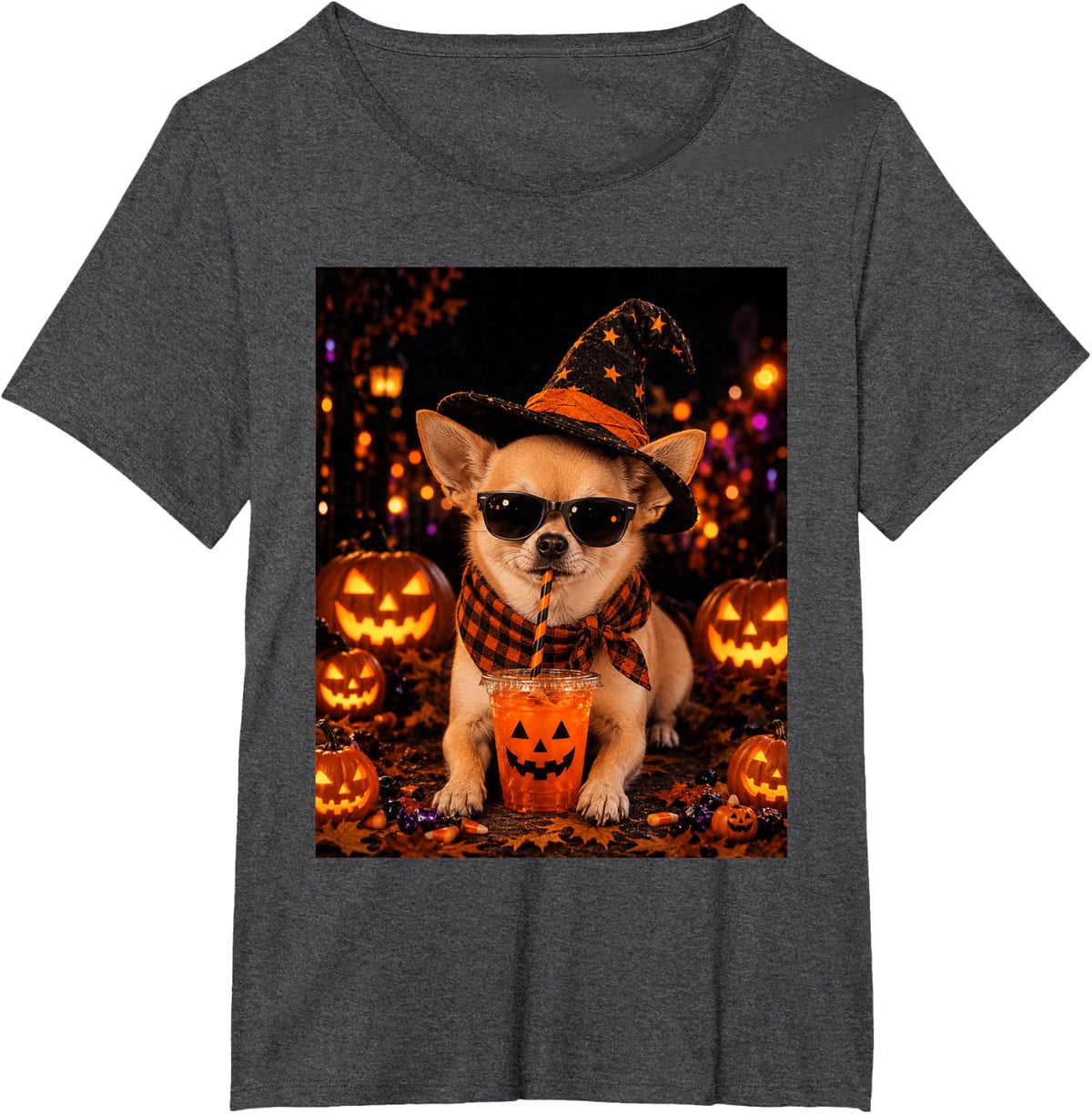 Cool Halloween Chihuahua Witch Hat Pumpkin Coffee T-Shirt - Dark Heather Grey