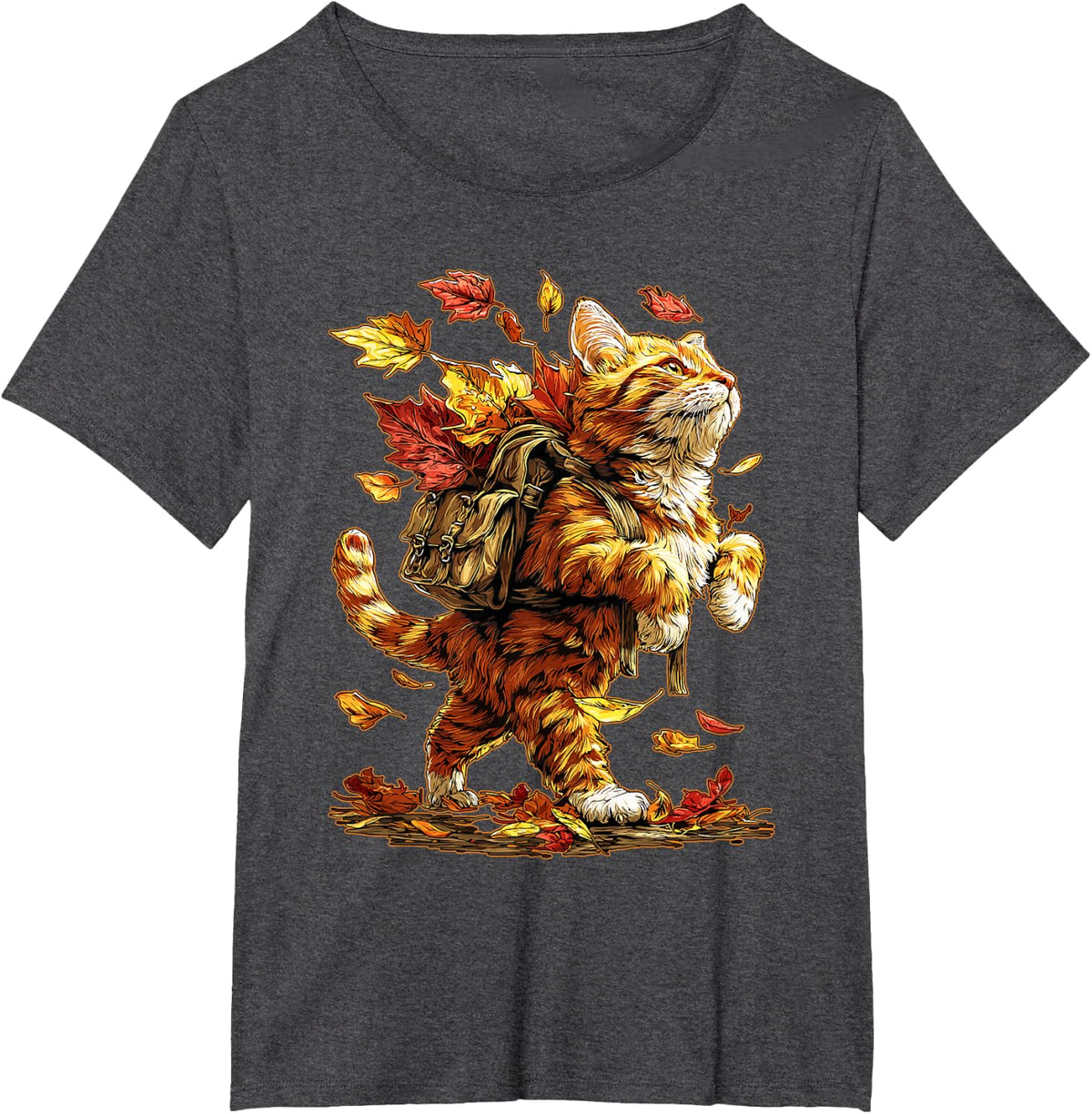 Orange Tabby Cat Hiking with Fall Leaves Autumn Kitten Hiker T-Shirt - Dark Heather Grey