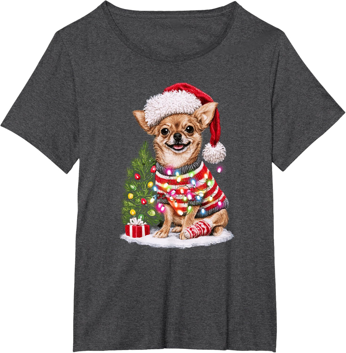 Chihuahua Xmas Decor Cute Festive Santa Hat Christmas T-Shirt - Dark Heather Grey