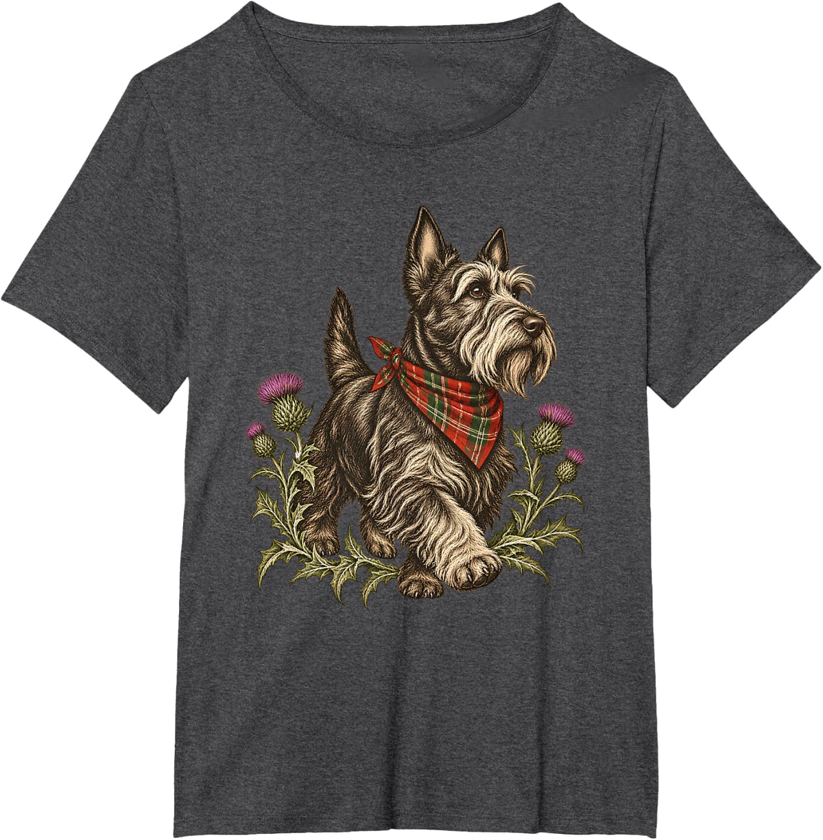 Scottish Terrier Tartan Thistle, Scottie Dog Lover T-Shirt - Dark Heather Grey