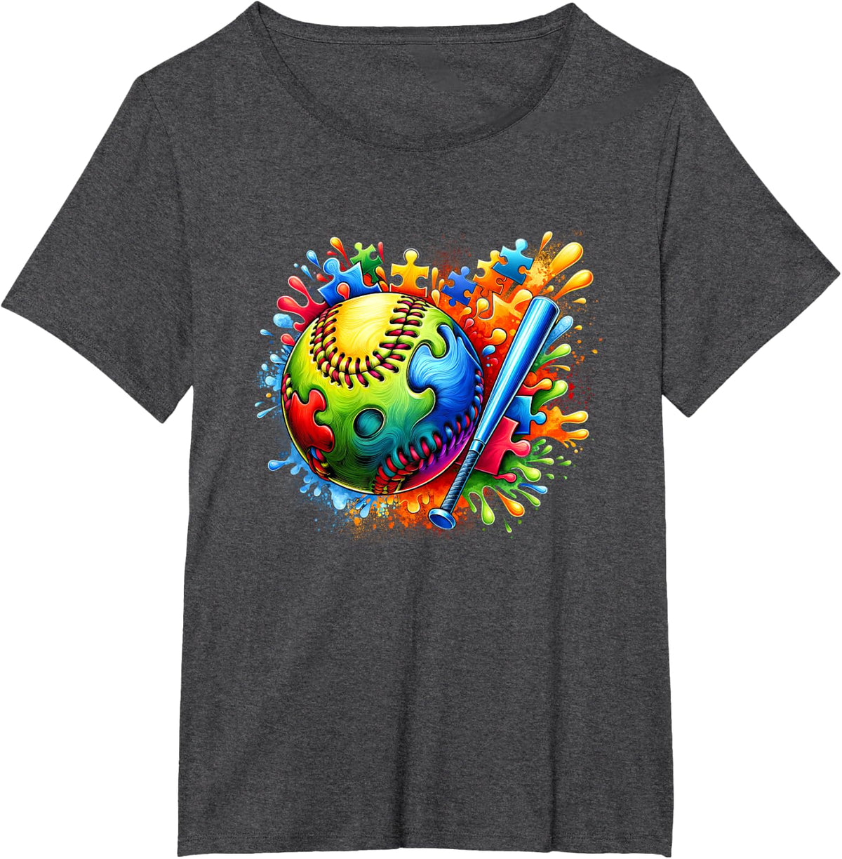 Colorful Softball Autism Awareness Autistic T-Shirt - Dark Heather Grey