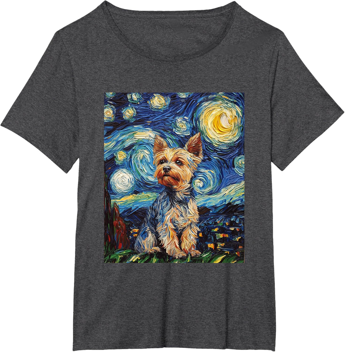 Yorkshire Terrier Yorkie Dog Van Gogh Style Starry Night T-Shirt - Dark Heather Grey