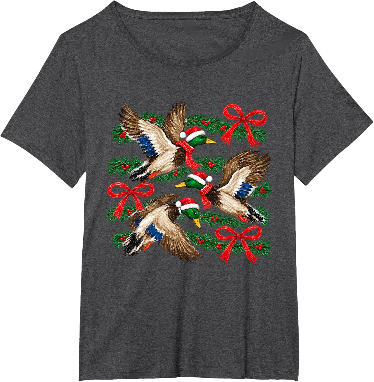 Mallard Ducks Christmas Santa Hats Bows Holiday Hunting Xmas T-Shirt - Dark Heather Grey