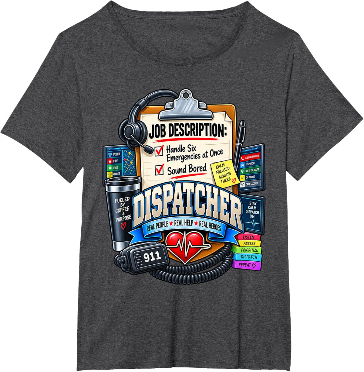 Funny 911 Dispatcher Job Description Emergency Operator T-Shirt - Dark Heather Grey