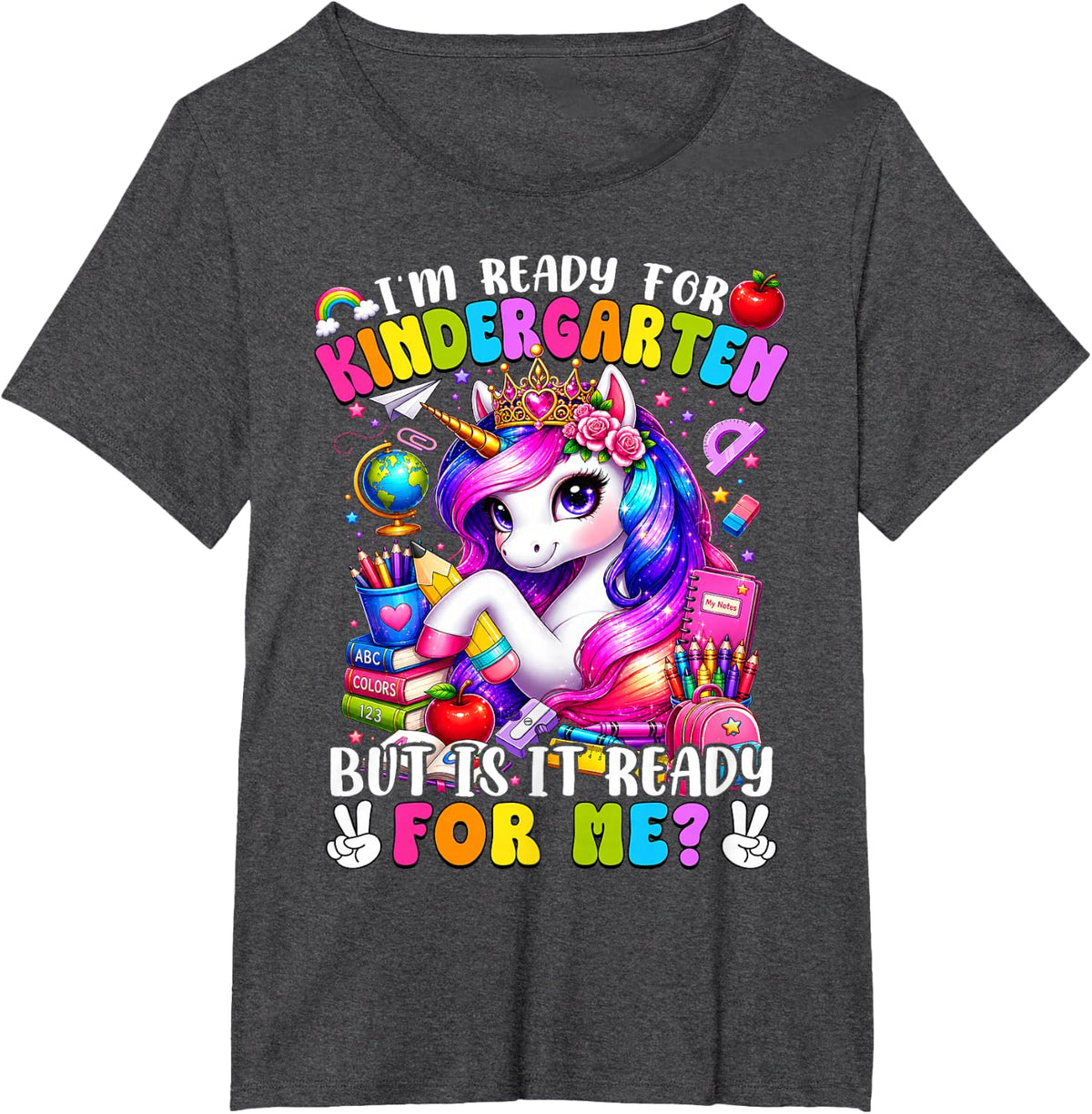 I'm Ready for Kindergarten Unicorn Back to School Shirt Girls Kids Tee T-Shirt - Dark Heather Grey