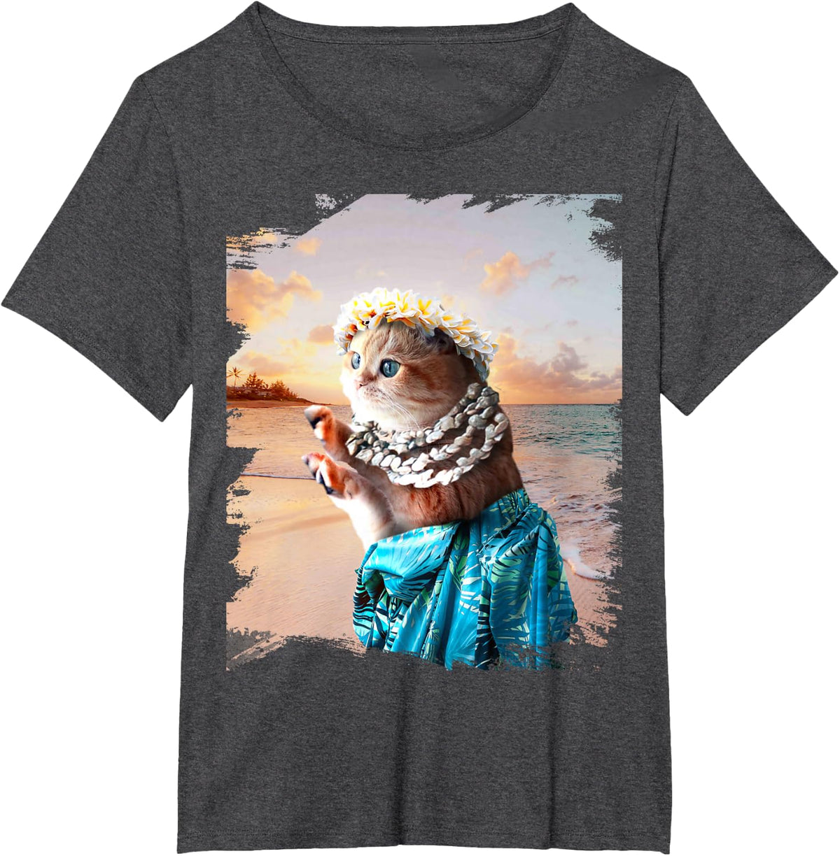 Funny Aloha Hawaiian Cat T-Shirt - Dark Heather Grey