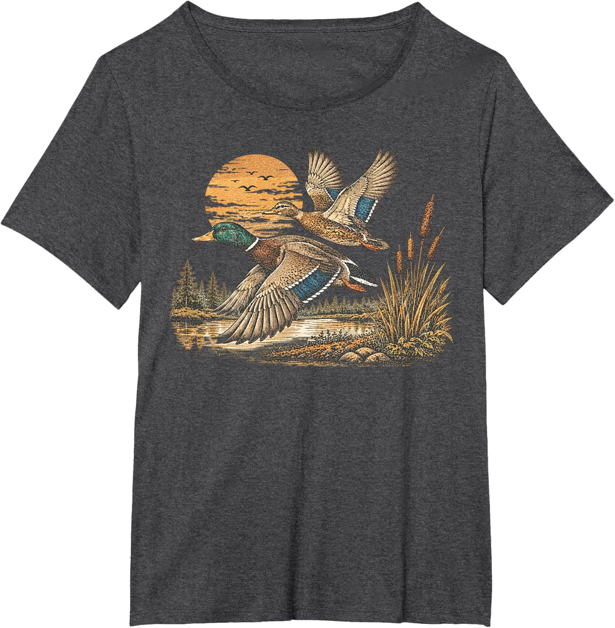Vintage Flying Mallard Ducks Waterfowl Hunting Wetland T-Shirt - Dark Heather Grey