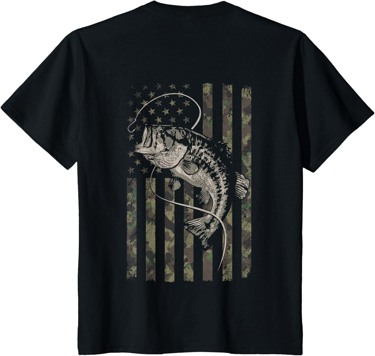 Fishing Camo American Flag Bass Fish (Design on Back) T-Shirt - Black