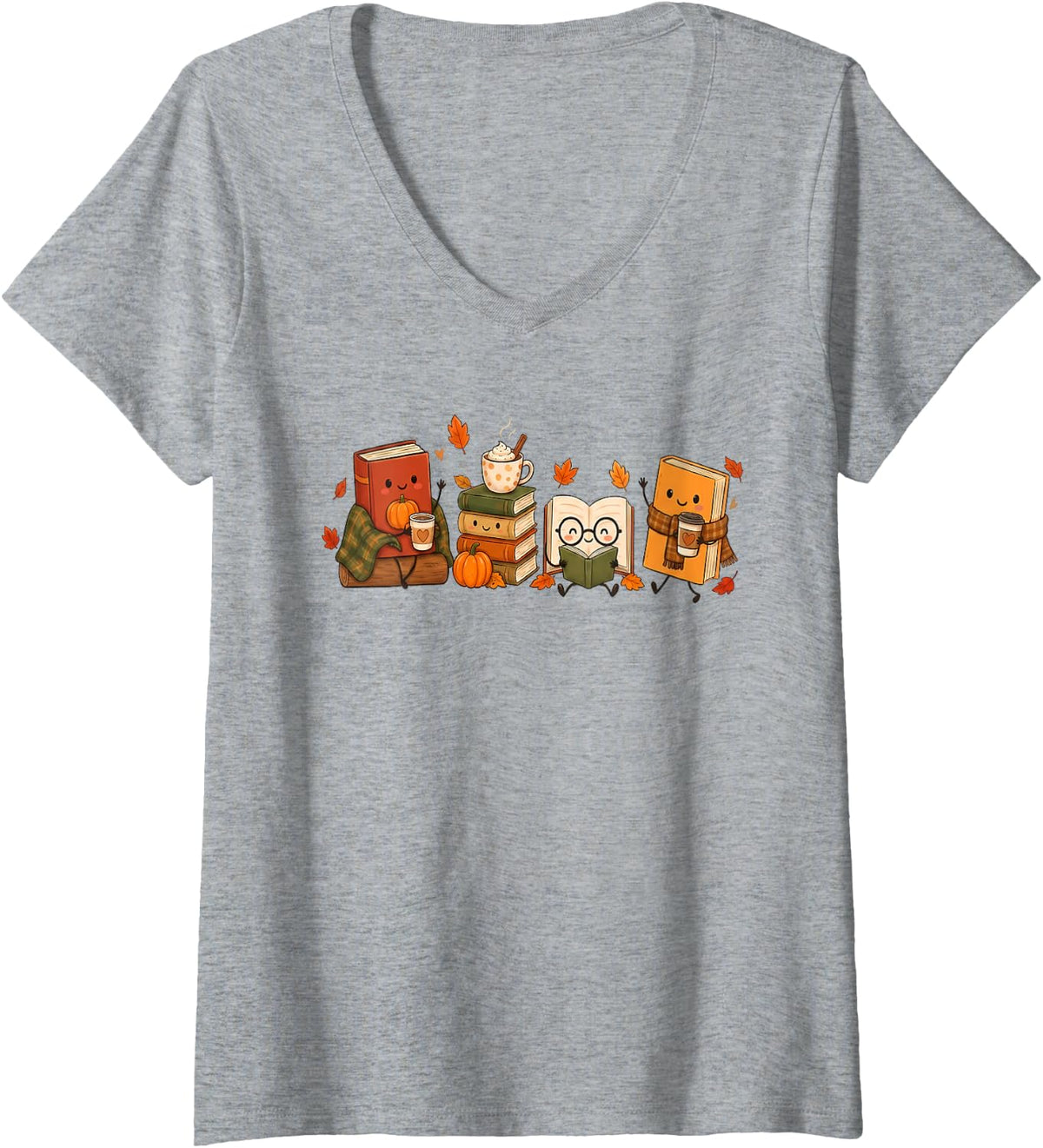 Women's Cute Book Lover Fall Reading Pumpkin Autumn V-Neck T-Shirt - Heather Grey