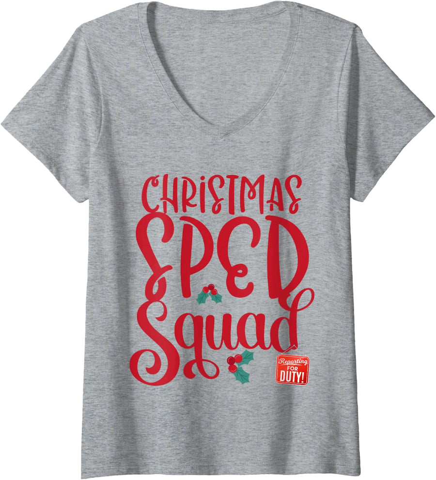 Women's Christmas SPED Squad Teacher School Assistant SPED para Crew V-Neck T-Shirt - Heather Grey