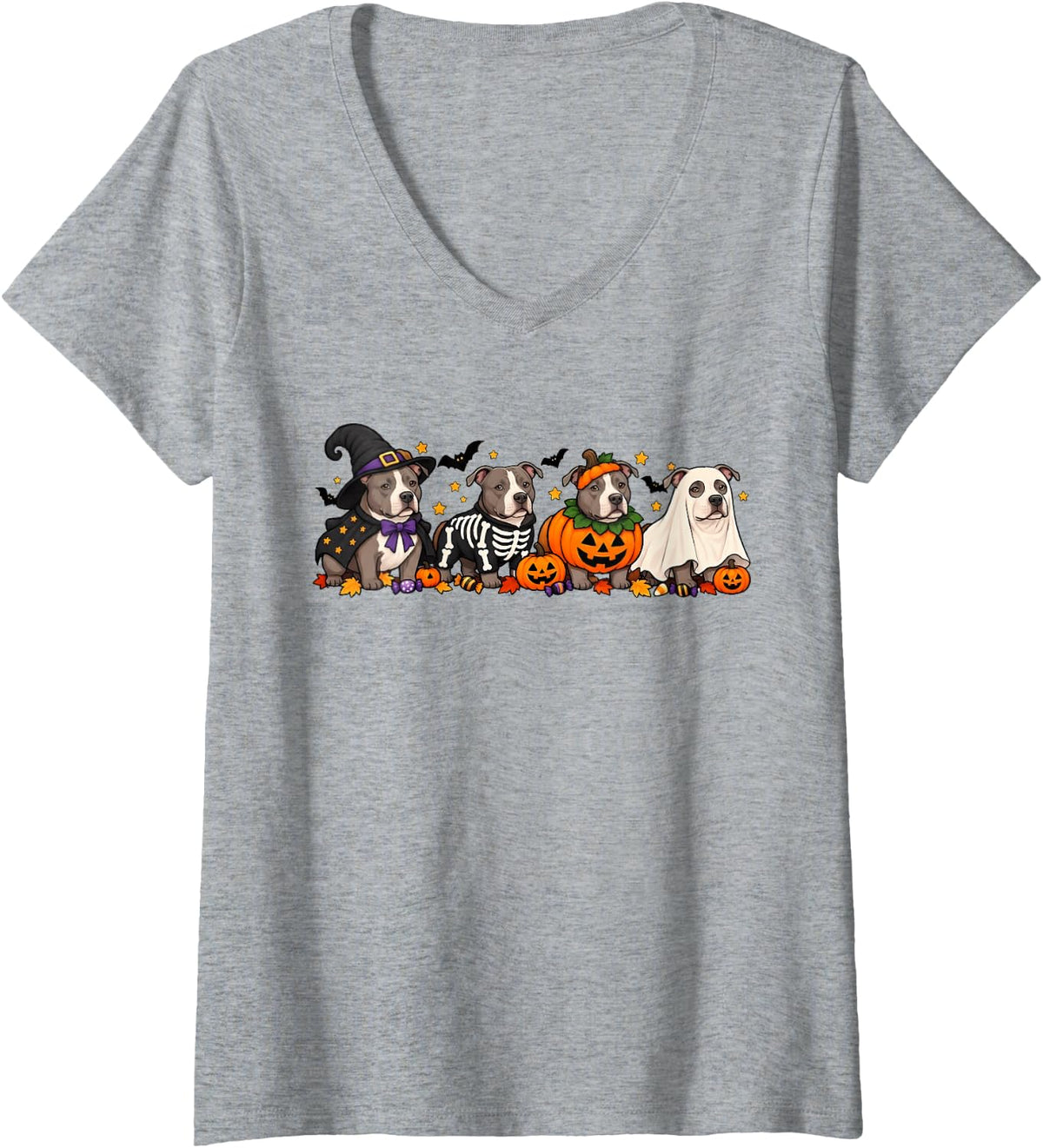 Women's Pitbull Ghost Pumpkin Dog Lovers Halloween Costume V-Neck T-Shirt - Heather Grey