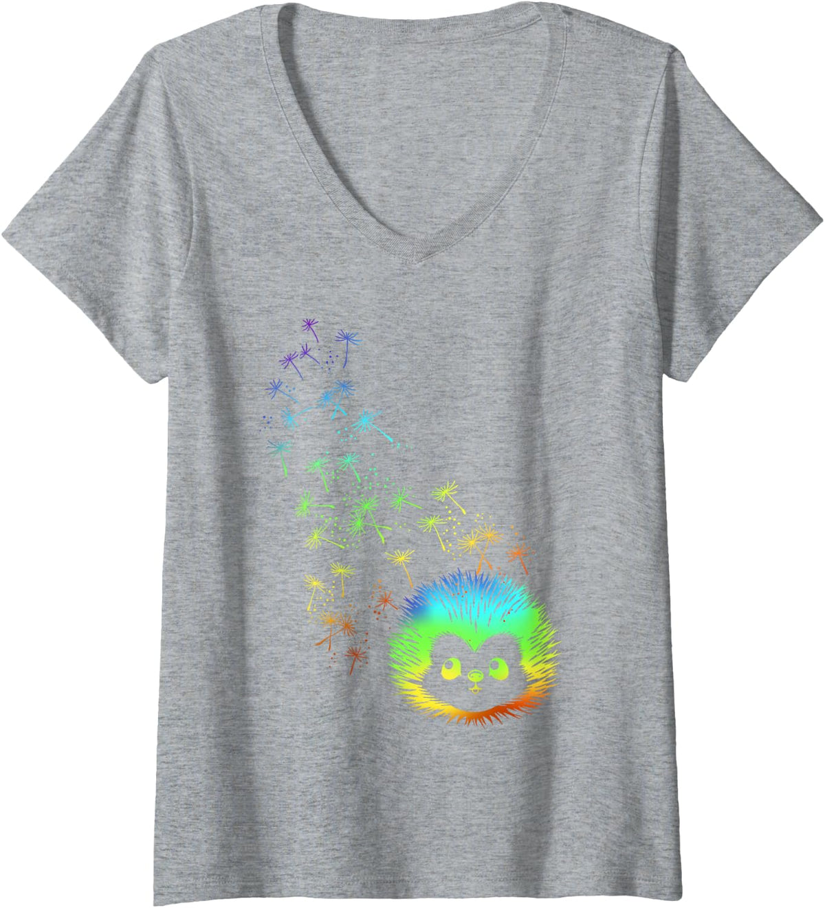 Women's Rainbow Cute Dandelion Spring Hedgehog Minimalist Line Art V-Neck T-Shirt - Heather Grey