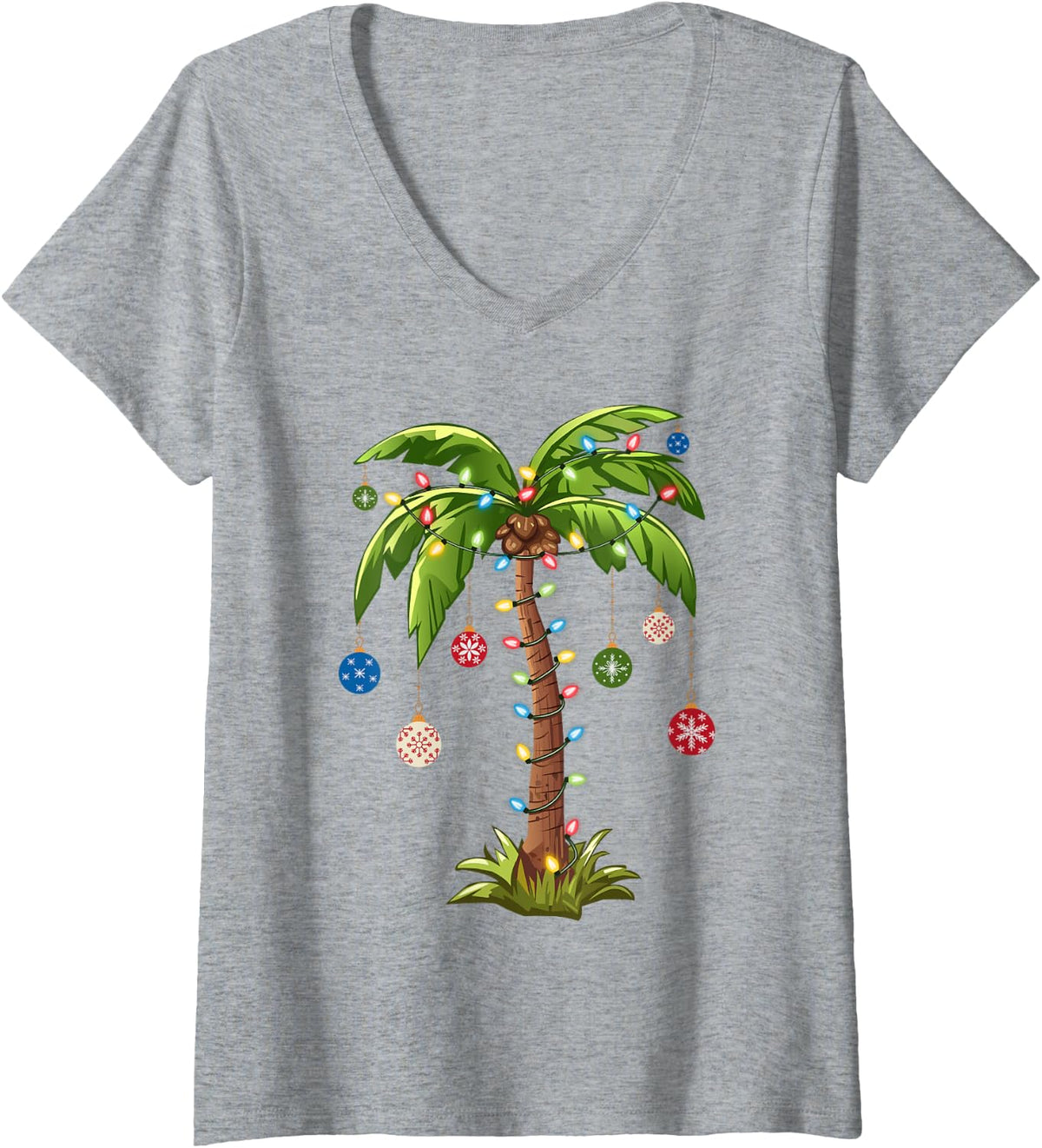 Womens Christmas Palm Tree Light Hawaiian Tropical Xmas V-Neck T-Shirt - Heather Grey