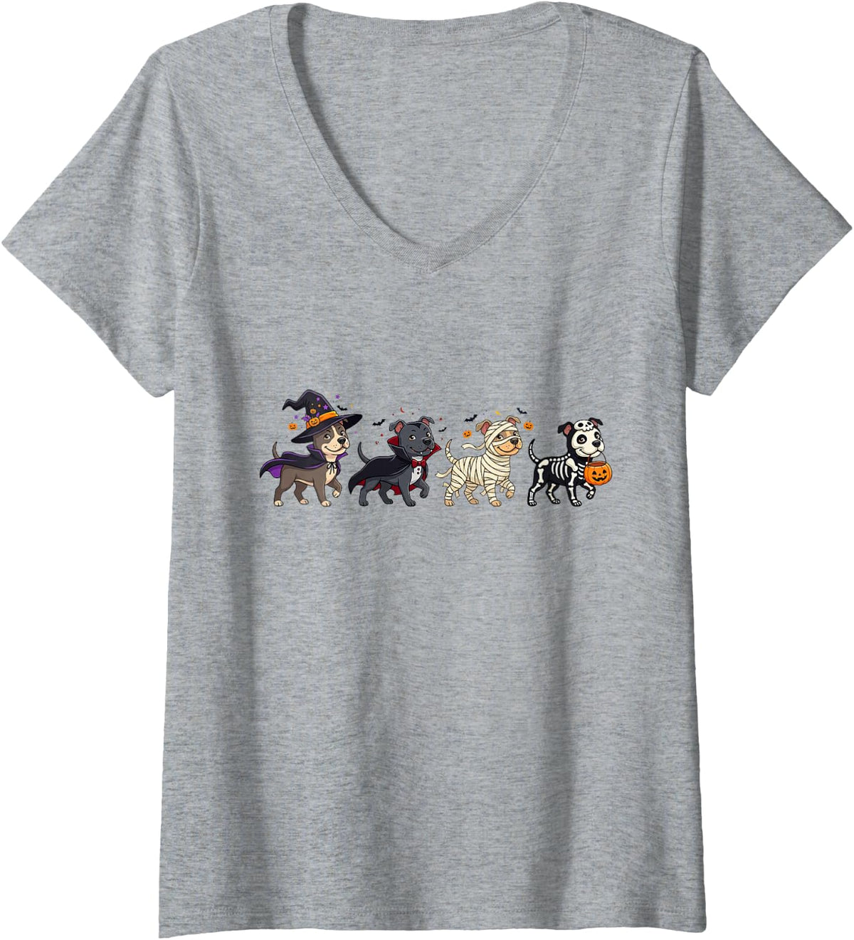 Women's Pitbull Dog Witch Vampire Ghost Halloween Kids Mens Womens V-Neck T-Shirt - Heather Grey