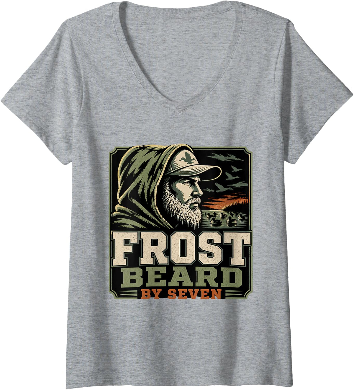 Women's Frost Beard By Seven Duck Hunting Waterfowl Mallard Hunter V-Neck T-Shirt - Heather Grey