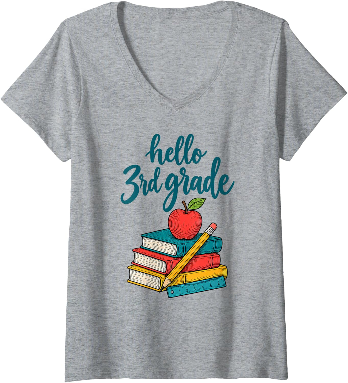 Women's Hello 3RD Grade Teacher Apple Books Pencil V-Neck T-Shirt - Heather Grey