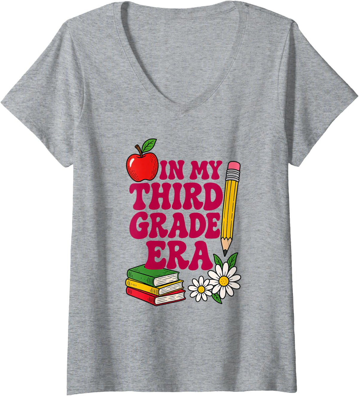 Women's in My Third Grade Era Teacher Apple Pencil Girls V-Neck T-Shirt - Heather Grey