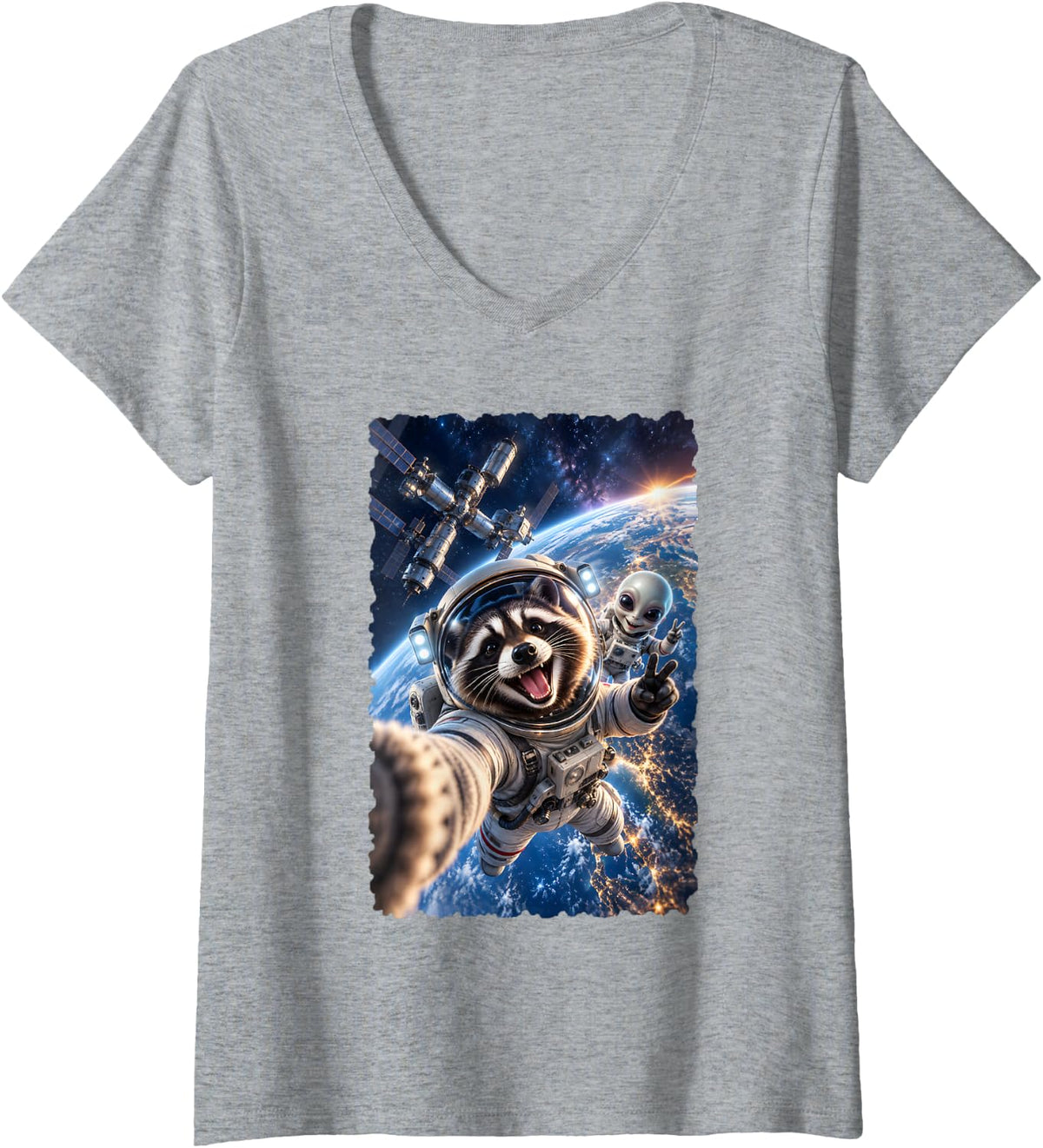 Women's Astronaut Raccoon Selfie with Alien Friend in Orbit V-Neck T-Shirt - Heather Grey