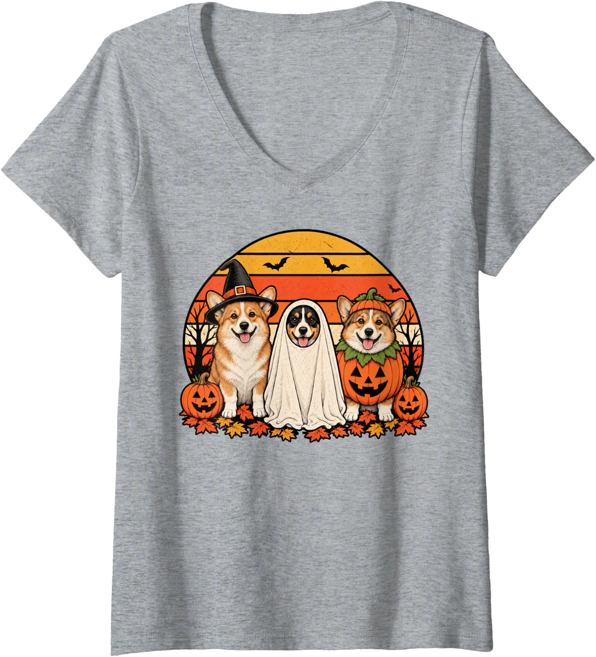 Women's Spooky Corgi Pumpkin Ghost Halloween Dog Lover V-Neck T-Shirt - Heather Grey