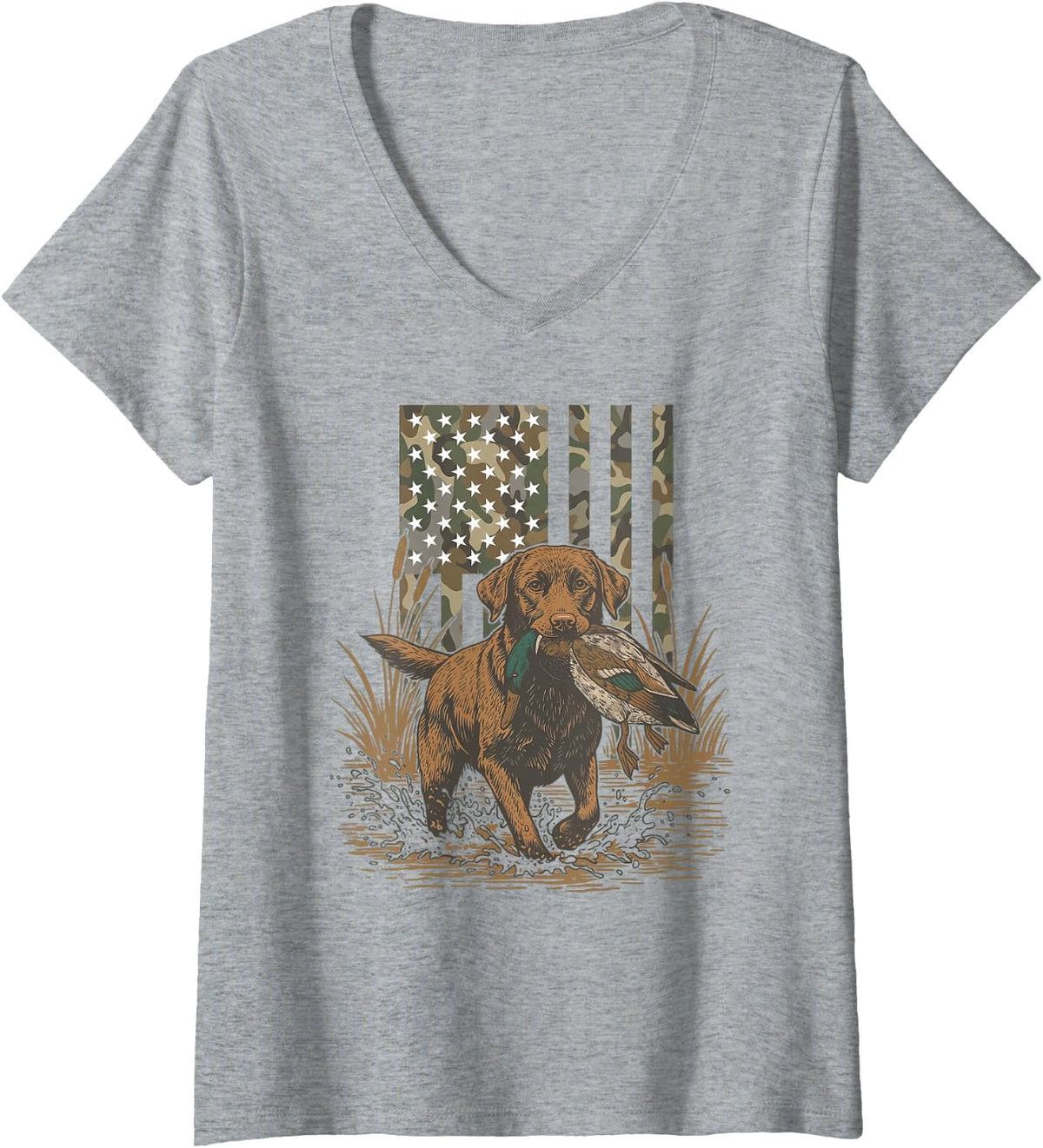 Women's Southern Duck Hunting Dog Lab Mallard Camo American Flag V-Neck T-Shirt - Heather Grey