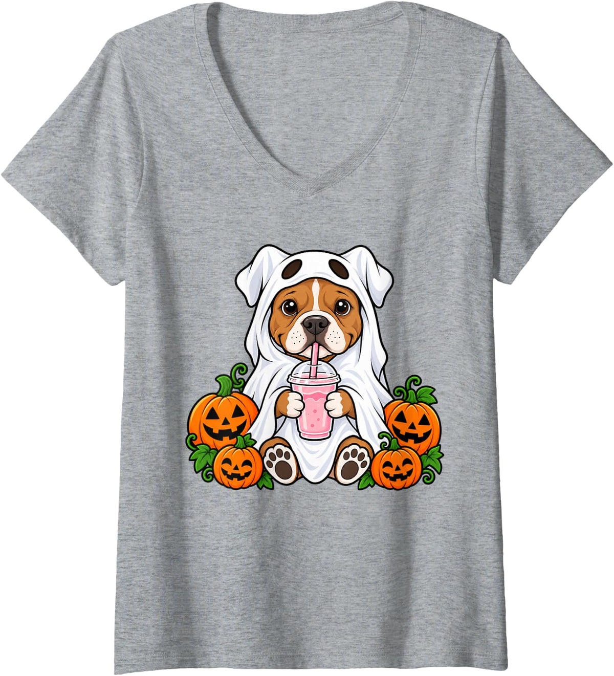 Women's Cute Pitbull Ghost Drink Pumpkin Dog Halloween V-Neck T-Shirt - Heather Grey