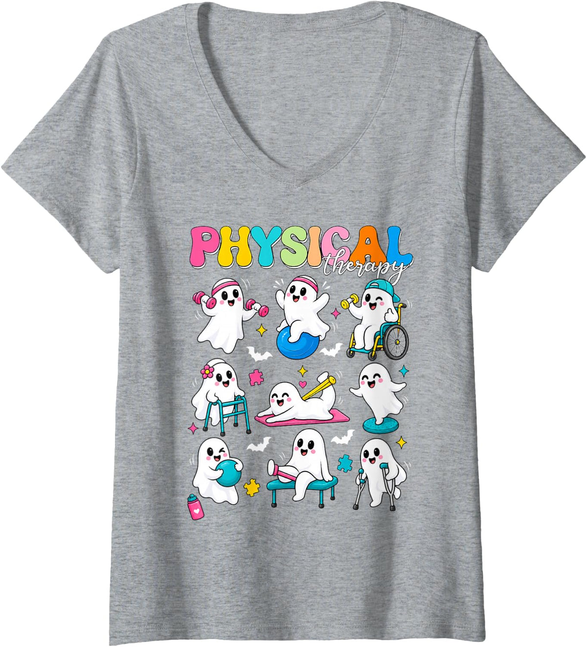 Women's Cute Ghost Physical Therapy PT Physical Therapist Halloween V-Neck T-Shirt - Heather Grey