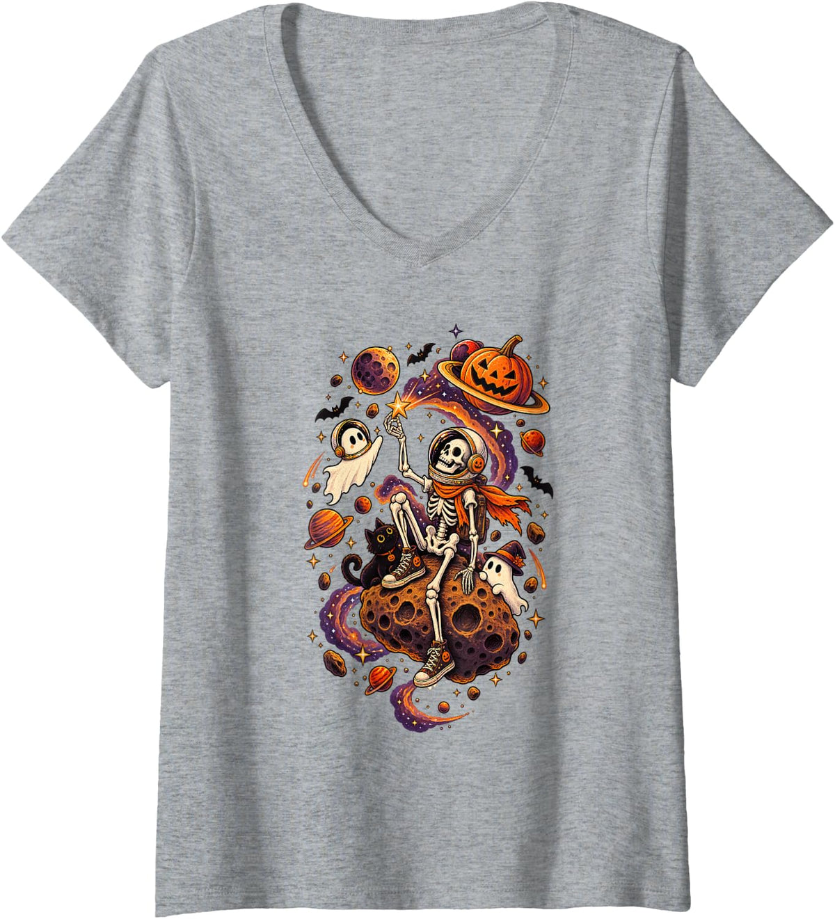 Women's Skeleton Astronaut Space Halloween for Men Women V-Neck T-Shirt - Heather Grey