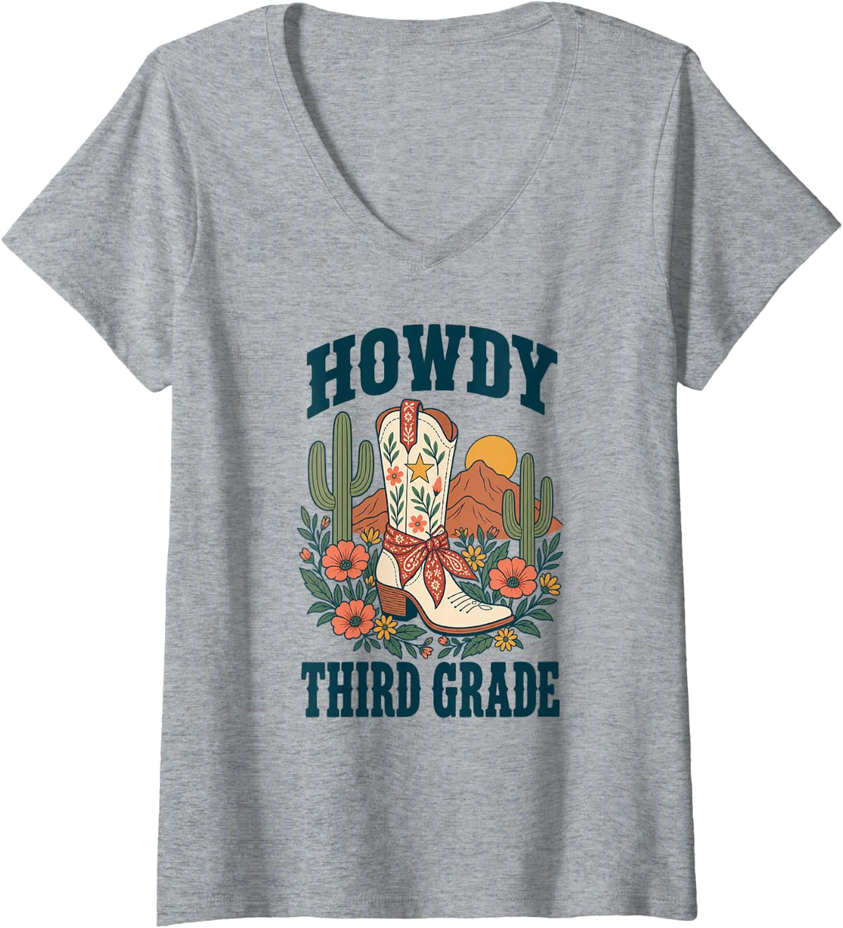 Women's Howdy Third Grade Teacher Western Cowboy Boot V-Neck T-Shirt - Heather Grey