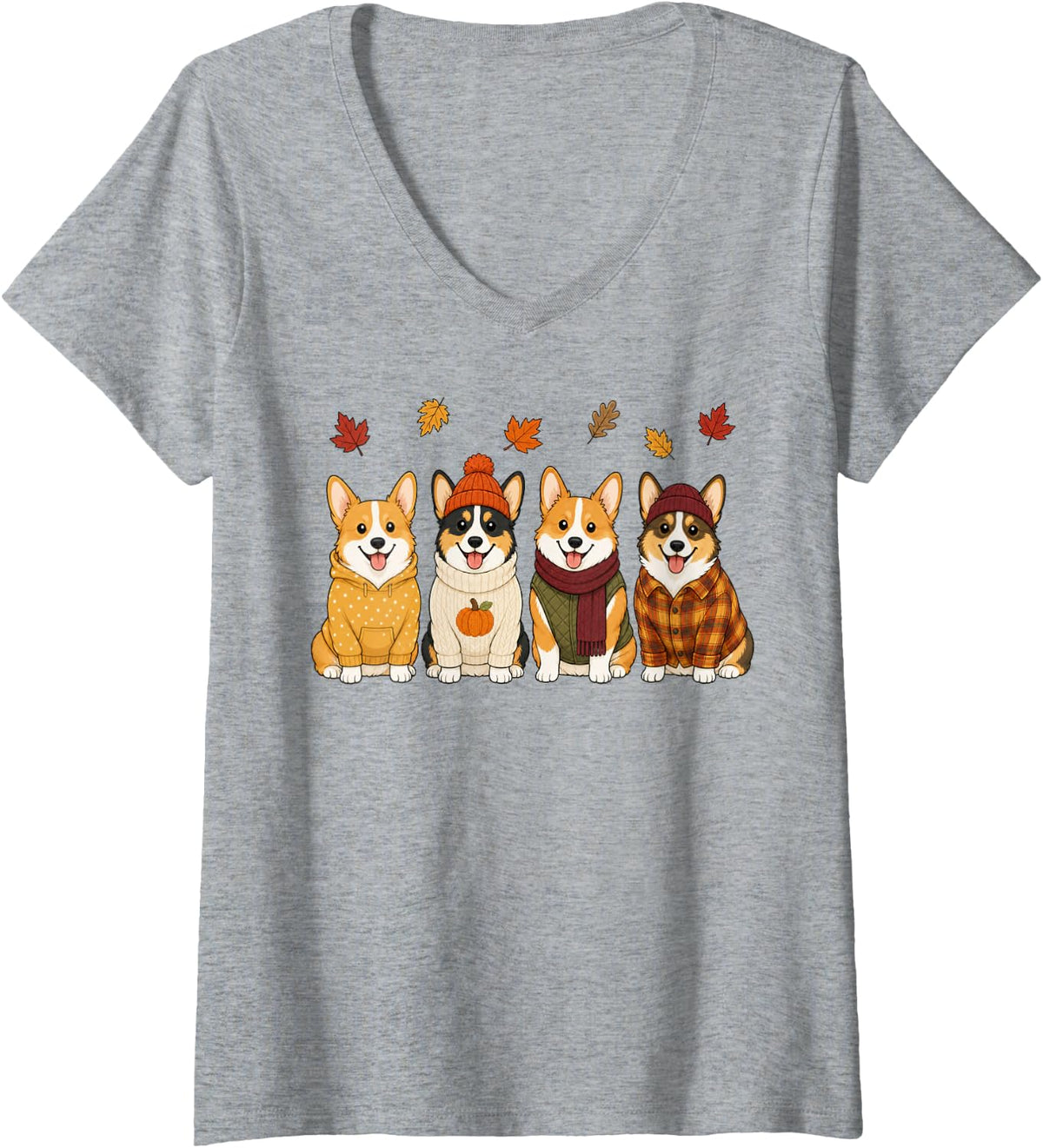 Women's Corgi Fall Autumn Season Pumpkin Dog V-Neck T-Shirt - Heather Grey
